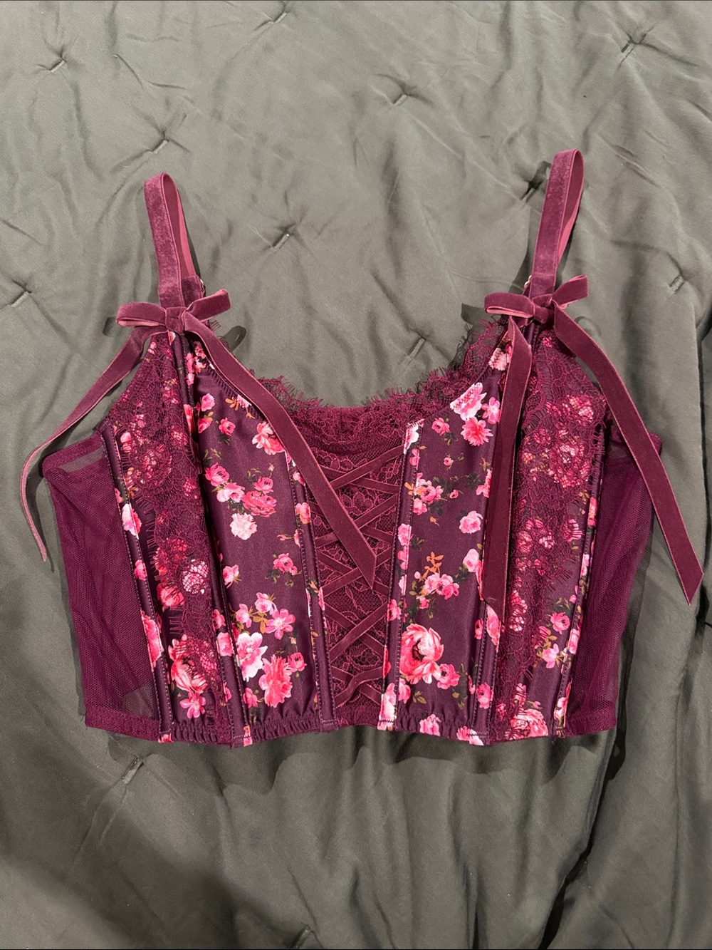 Victoria's Secret Dream Angels Burgundy Floral Lace-Up Bustier Bra
